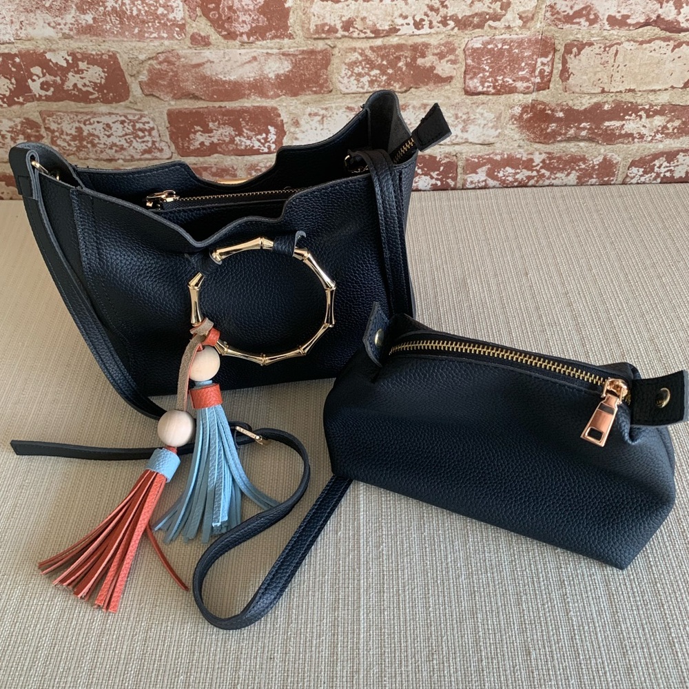 Classy Black & Gold Purse with Shoulder Strap, Removable Pouch & Tassels